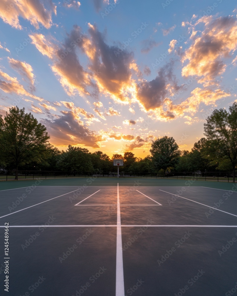 Calming Urban Sports Sunset-Lit Outdoor Basketball Court with Minimalist Design - Community Recreation Content and Urban Wellness Promotions Calming Urban Sports Sunset-Lit Outdoor Basketball Court with Minimalist Design - Community Recreation Content and Urban Wellness Promotions