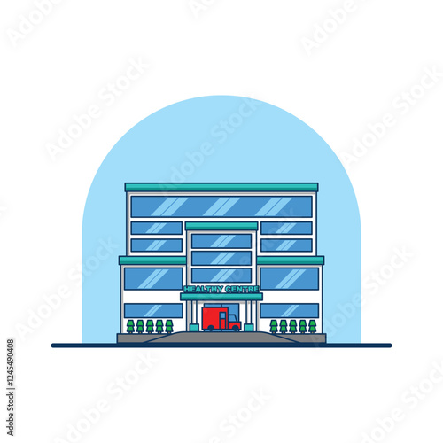 Cartoon Healthy Centre and Ambulance at front Emergency Room