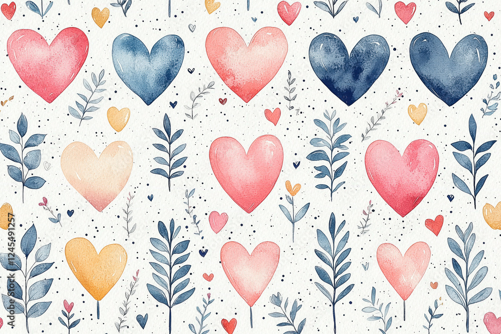 Watercolor Heart and Leaf Pattern – Romantic and Natural Decorative Design Watercolor Heart and Leaf Pattern – Romantic and Natural Decorative Design