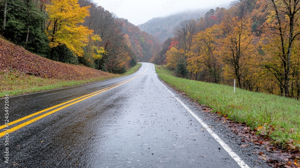 Fototapeta premium Rainy autumn road through colorful mountain valley