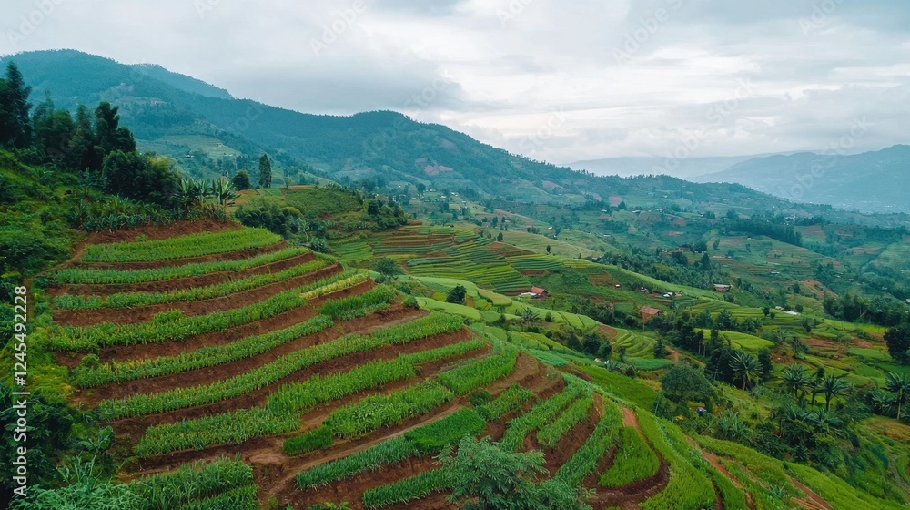 Lush Green Terraced Fields Under Cloudy Sky in Rural Landscape Lush Green Terraced Fields Under Cloudy Sky in Rural Landscape