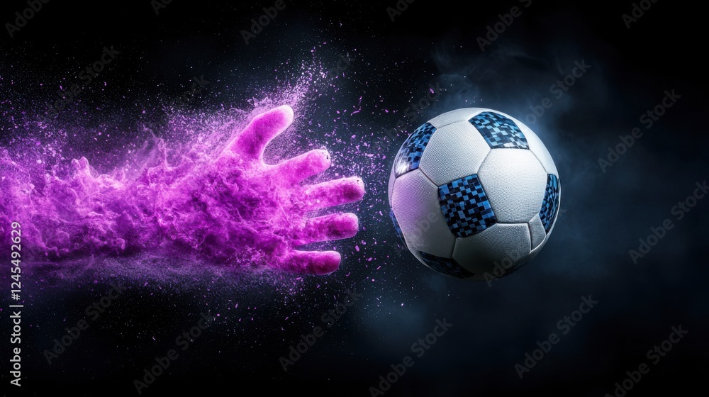 Naklejka premium Soccer ball caught mid impact as it enters a glowing dynamic energy field with waves of light and particle effects creating a futuristic abstract sports action scene
