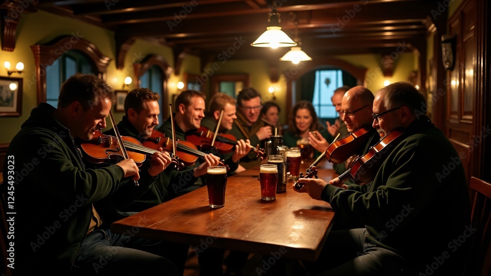 Naklejka premium Inside a rustic Irish tavern, musicians play fiddles and accordions, filling the candlelit room with joyful melodies, warm wood tones, and an authentic, vibrant atmosphere.
