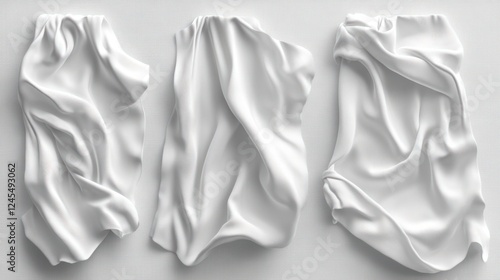 Three crumpled white fabric pieces on white background.