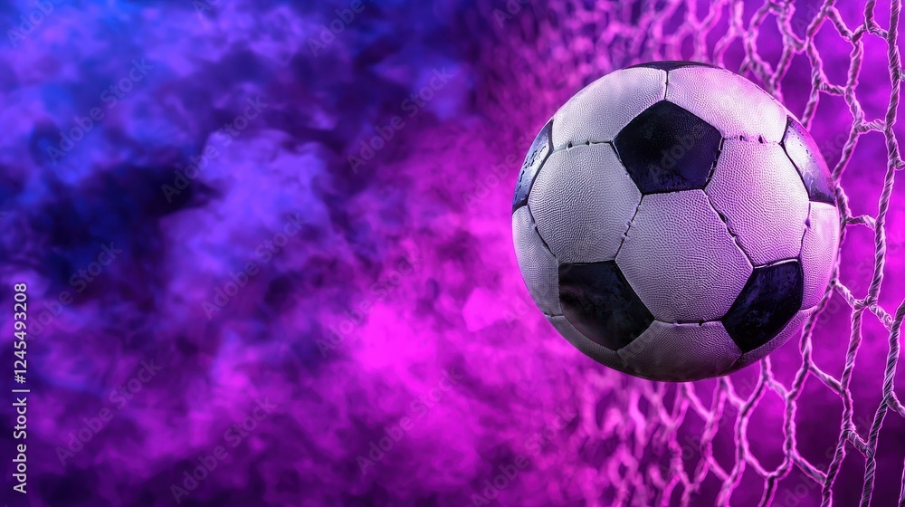 Fototapeta premium Soccer ball striking the goal net surrounded by glowing lights in a dynamic sports arena setting Concept of goal scoring competition