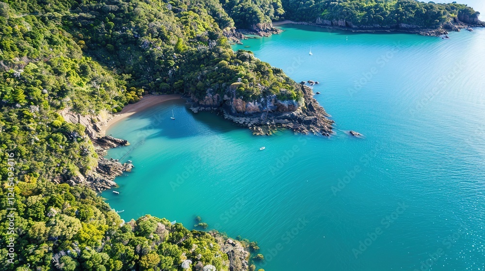 Obraz premium A captivating scenic coastal lagoon embraced by lush green cliffs and filled with crystal clear water. The lagoon presents a harmonious blend of natural beauty, with the verdant cliffs and transparent