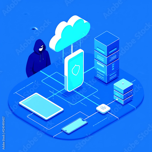 Isometric illustration of cybersecurity with a digital shield protecting data servers. A hacker silhouette looms in the background, all on a dark blue background for high contrast and easy background  photo