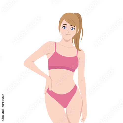 Woman in a sports bra and underwear, embracing natural beauty, confidence, and self care. Flat vector character illustration