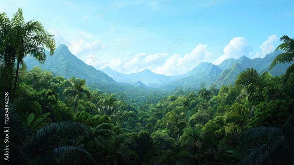 Lush Green Jungle Landscape with Mountains and Blue Sky in Daylight Lush Green Jungle Landscape with Mountains and Blue Sky in Daylight