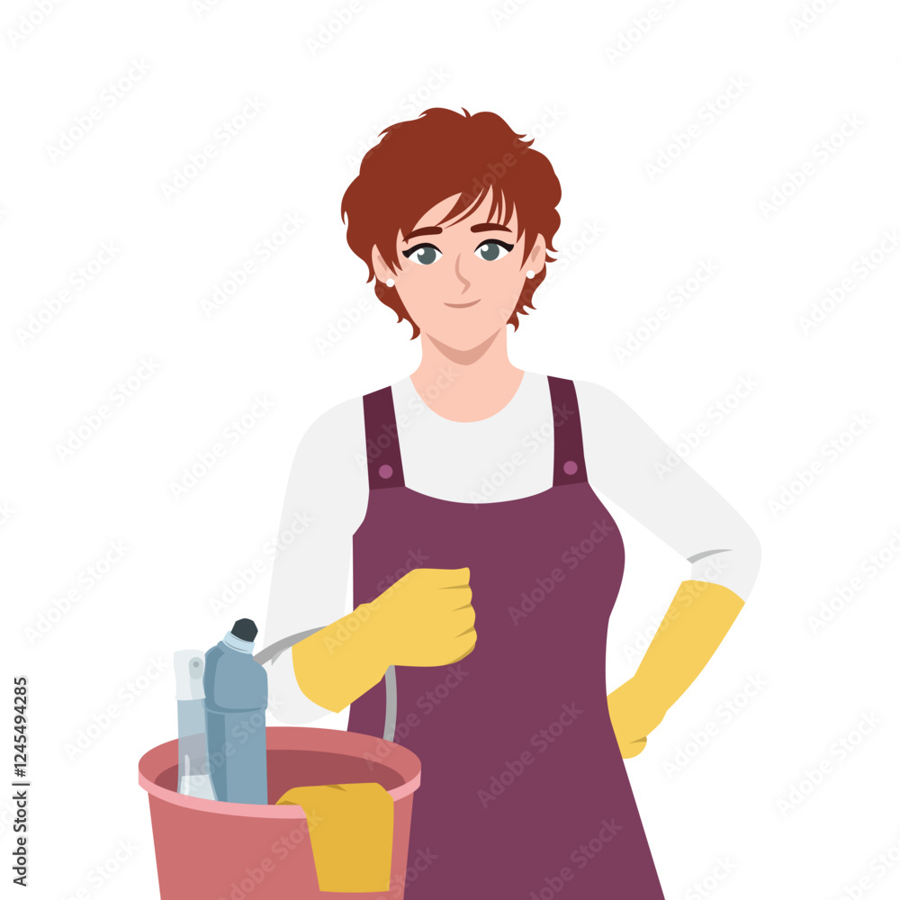 Woman wearing gloves and an apron, holding a bucket of cleaning supplies, ready for work. Flat vector character illustration Woman wearing gloves and an apron, holding a bucket of cleaning supplies, ready for work. Flat vector character illustration
