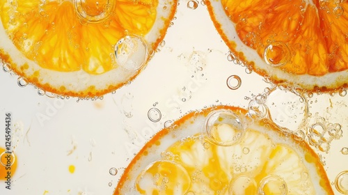 Fototapeta Naklejka Na Ścianę i Meble -  Slices of oranges in water on white background. Oranges close-up in liquid with bubbles. Slices of juicy ripe oranges in water. Macro image of fruits in water. Colour picture of orange slices in water