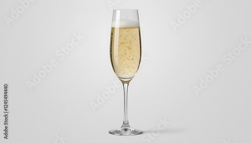 A tall elegant champagne flute glass filled with bubbly champagne, against a clean white background.