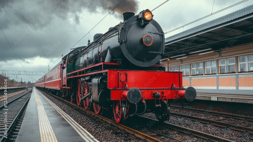 Fototapeta premium Vintage Steam Locomotive Train Traveling on Railroad Tracks Through Scenic Countryside Landscape with Dramatic Cloudy Sky Background