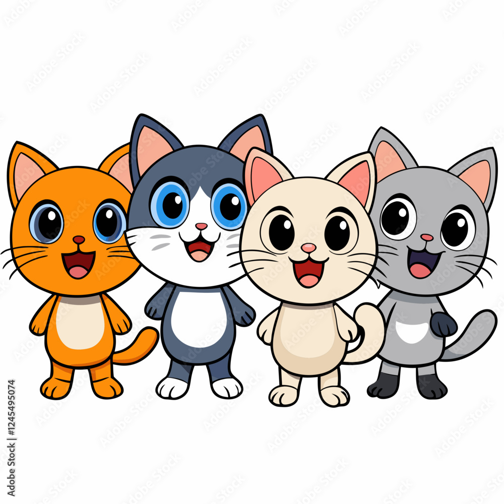 Happy Kittens with Black Outline on White Background - Vector Design Happy Kittens with Black Outline on White Background - Vector Design