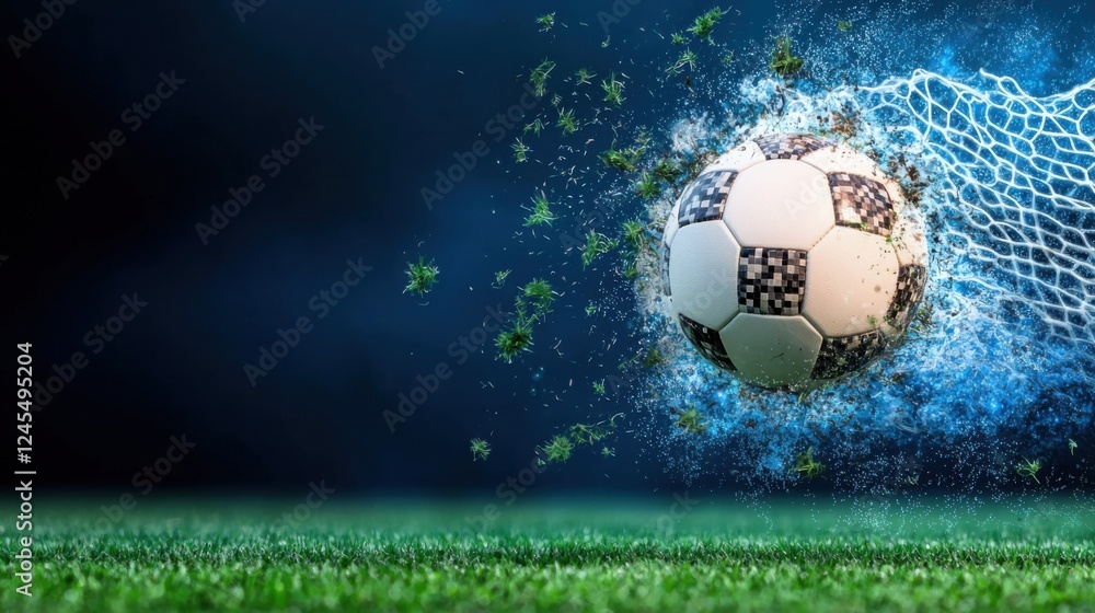 Fototapeta premium Soaring soccer ball mid air rushing towards the goal surrounded by dynamic movement and energy on a lush green field against a blurred blue background