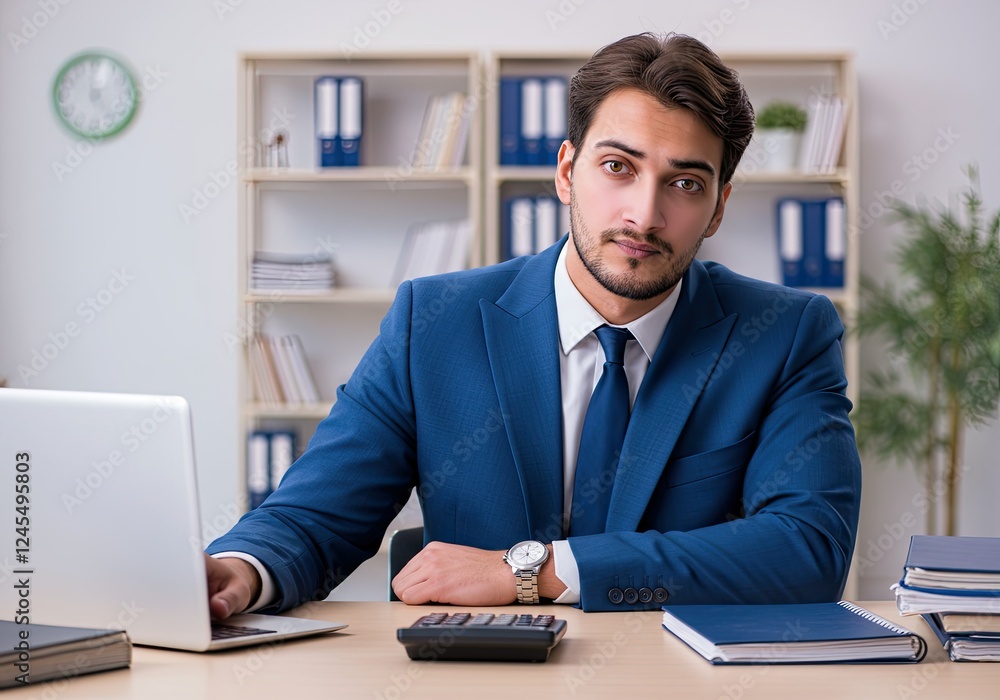 young businessman working from his office and calculating numbers young businessman working from his office and calculating numbers