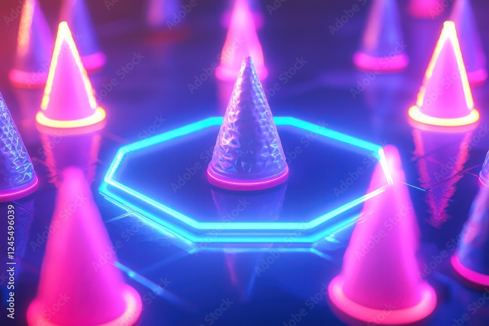 Split triangular neon blue podium with alternating glowing tiers highlights a minimalist badge mockup in a futuristic setting.