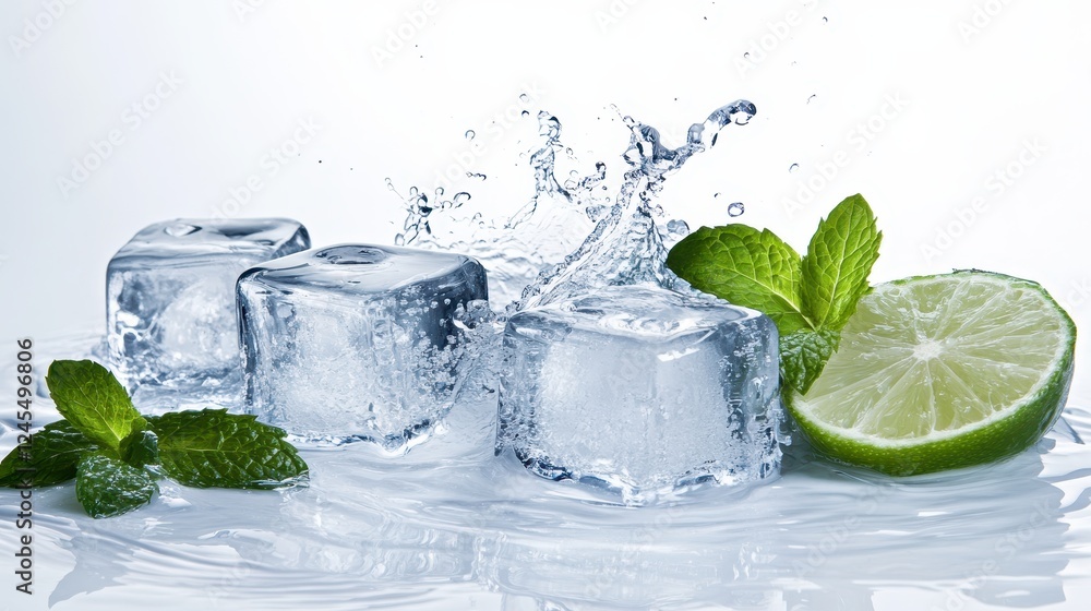 Ice cubes, mint leaves, water splash and lime on a white background Ice cubes, mint leaves, water splash and lime on a white background