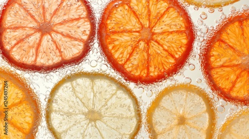 Fototapeta Naklejka Na Ścianę i Meble -  Slices of oranges in water on white background. Oranges close-up in liquid with bubbles. Slices of juicy ripe oranges in water. Macro image of fruits in water
