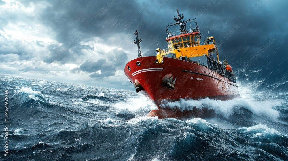 Naklejka premium Powerful Cargo Vessel Navigating Turbulent Storm Tossed Seas Heavy Waves High Winds and Dramatic Skies Challenge the Ship s Passage Through Extreme Weather Conditions