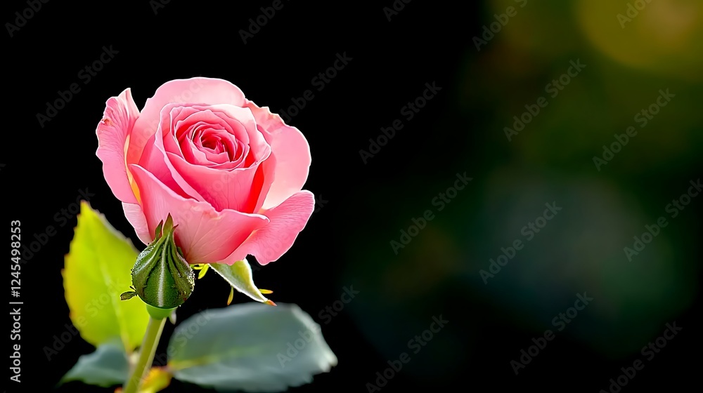 A close-up of a pink rose in full bloom against a dark background, highlighting its delicate petals and green leaves A close-up of a pink rose in full bloom against a dark background, highlighting its delicate petals and green leaves