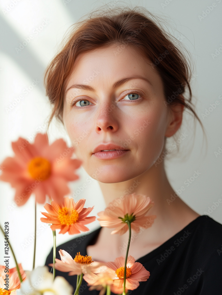 Portrait of a brunette woman with delicate orange flowers. Spring, Women's Day. Bright sunlight falls on the girl's face. Portrait of a brunette woman with delicate orange flowers. Spring, Women's Day. Bright sunlight falls on the girl's face.