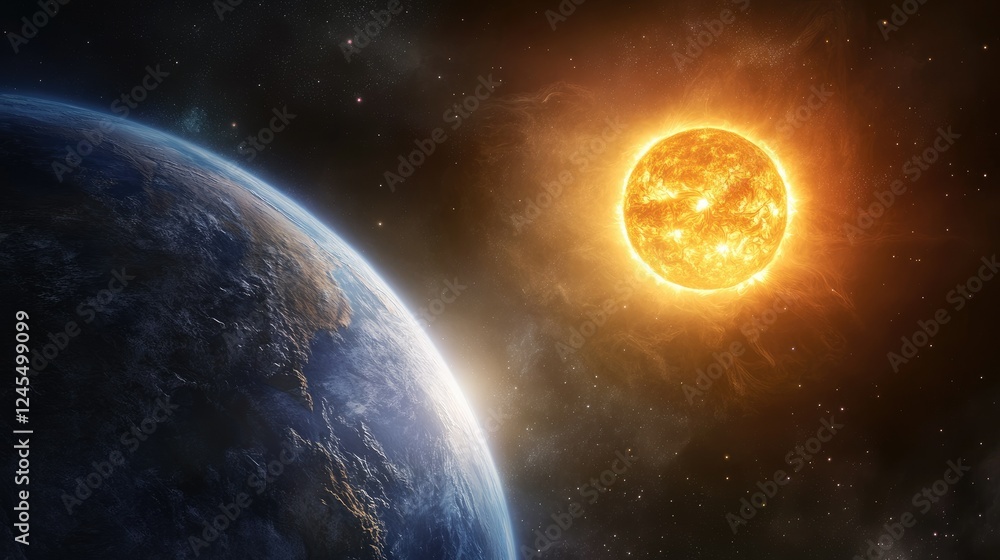 View of Earth during perihelion, its surface radiant and blue with clouds, and the massive Sun glowing intensely nearby View of Earth during perihelion, its surface radiant and blue with clouds, and the massive Sun glowing intensely nearby