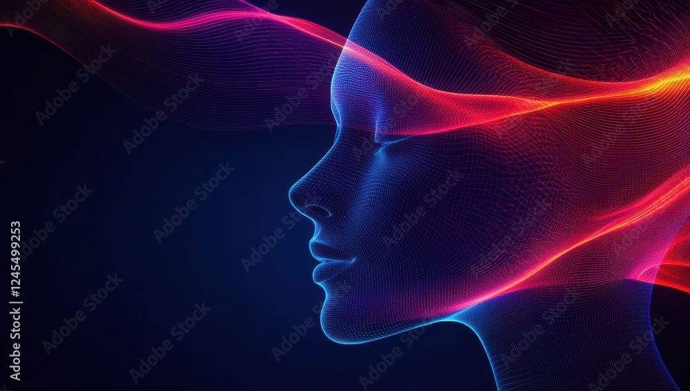 Abstract digital representation of a female face with flowing neon lines and vibrant colors showcasing creativity and technology in modern art Abstract digital representation of a female face with flowing neon lines and vibrant colors showcasing creativity and technology in modern art