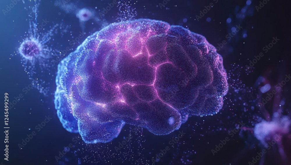 Abstract digital representation of a human brain with glowing neurons and particles showcasing connectivity and complex neural pathways in vibrant colors Abstract digital representation of a human brain with glowing neurons and particles showcasing connectivity and complex neural pathways in vibrant colors
