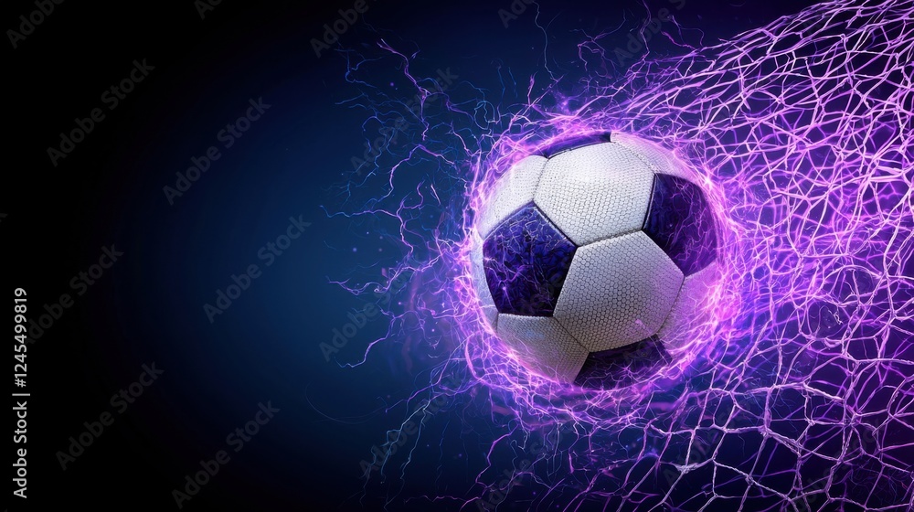 Fototapeta premium Powerful Football Goal Surrounded by Electrifying Energy Burst Dynamic Sports Game Concept with Glowing Plasma and Lightning Effects