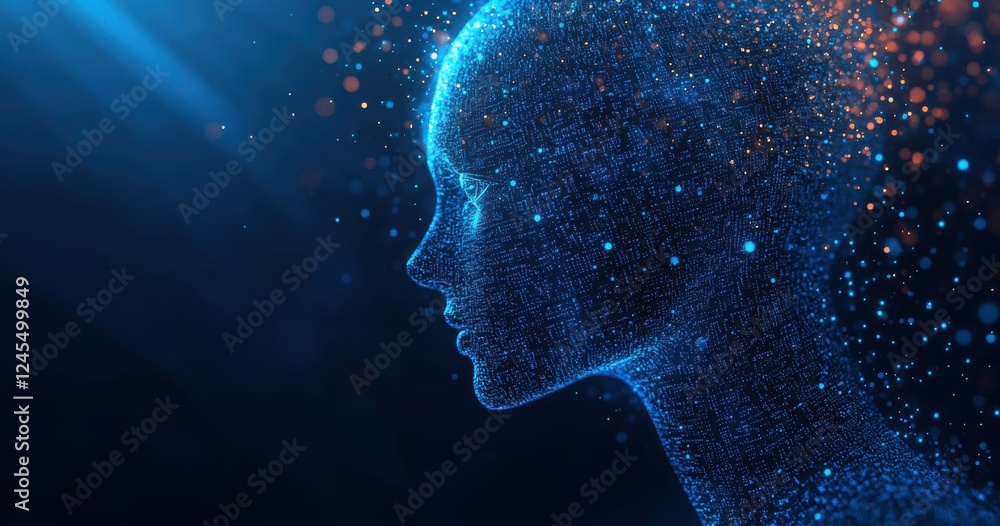 Abstract digital woman silhouette with glowing particles and data lines in a futuristic blue environment creating a sense of technology and innovation Abstract digital woman silhouette with glowing particles and data lines in a futuristic blue environment creating a sense of technology and innovation