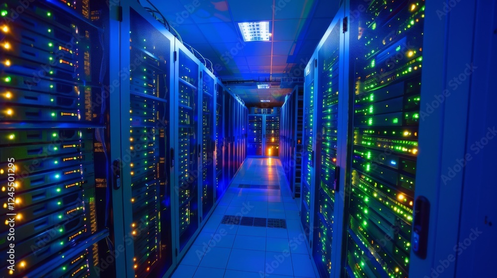 State-of-the-Art Server Room with Glowing Blue Lights and Advanced Electronic Equipment in a Controlled Environment State-of-the-Art Server Room with Glowing Blue Lights and Advanced Electronic Equipment in a Controlled Environment