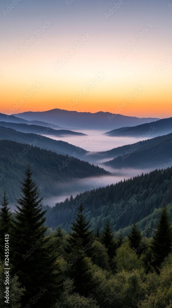 Obraz premium Serene Forestscape Misty Evergreen Layers and Mountain Ridges for Eco Tourism and Adventure Marketing - Capturing Pristine Nature for Outdoor Enthusiasts and Travel Promotion