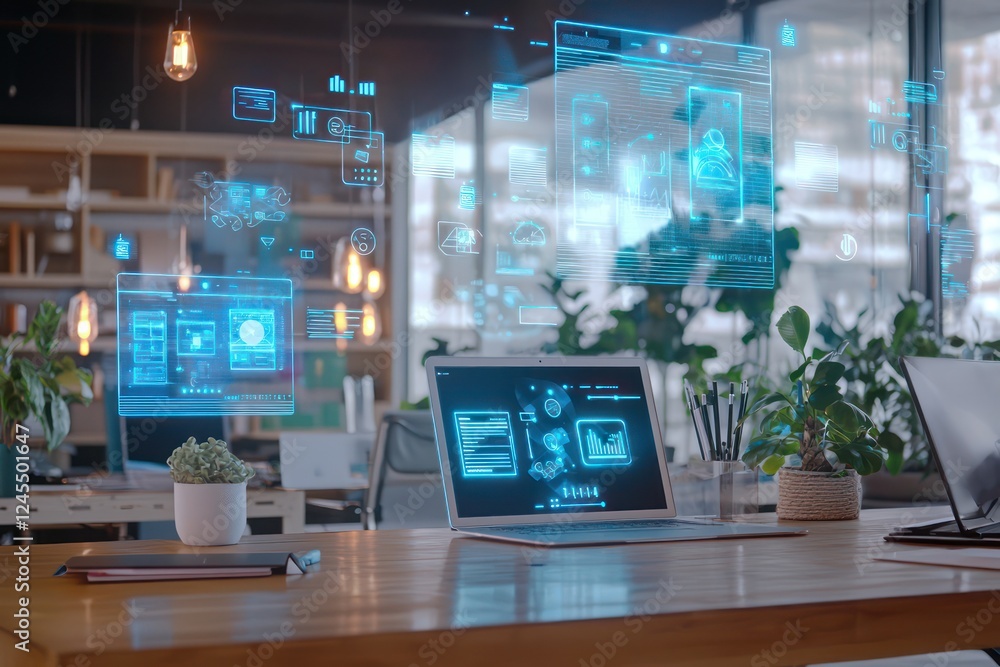 AI-generated user interface concepts visualized with floating holograms in a studio. AI-generated user interface concepts visualized with floating holograms in a studio.
