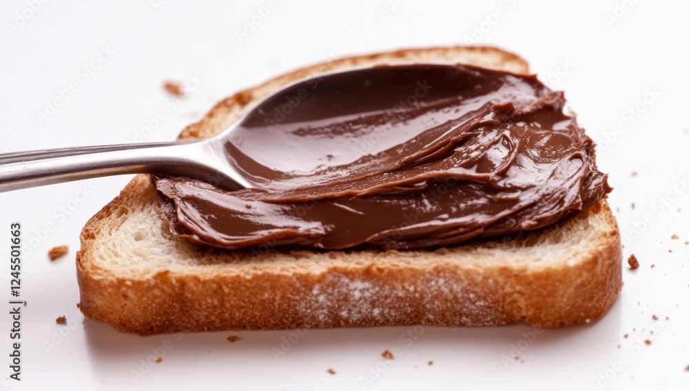 Chocolate spread on bread, spoon, studio, crumbs Chocolate spread on bread, spoon, studio, crumbs