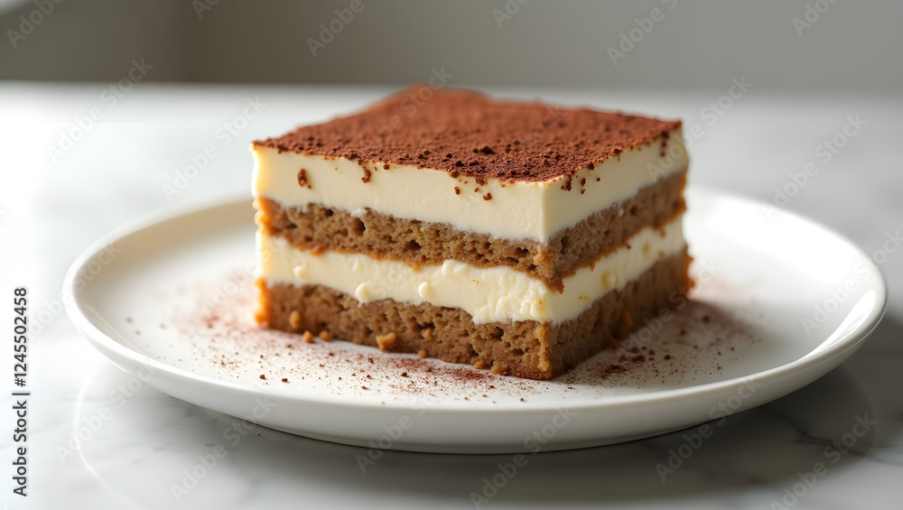 Slice of tiramisu cake on a white plate with cocoa powder. Perfect for food blogs, restaurant menus, dessert recipes, and promotional materials. Slice of tiramisu cake on a white plate with cocoa powder. Perfect for food blogs, restaurant menus, dessert recipes, and promotional materials.