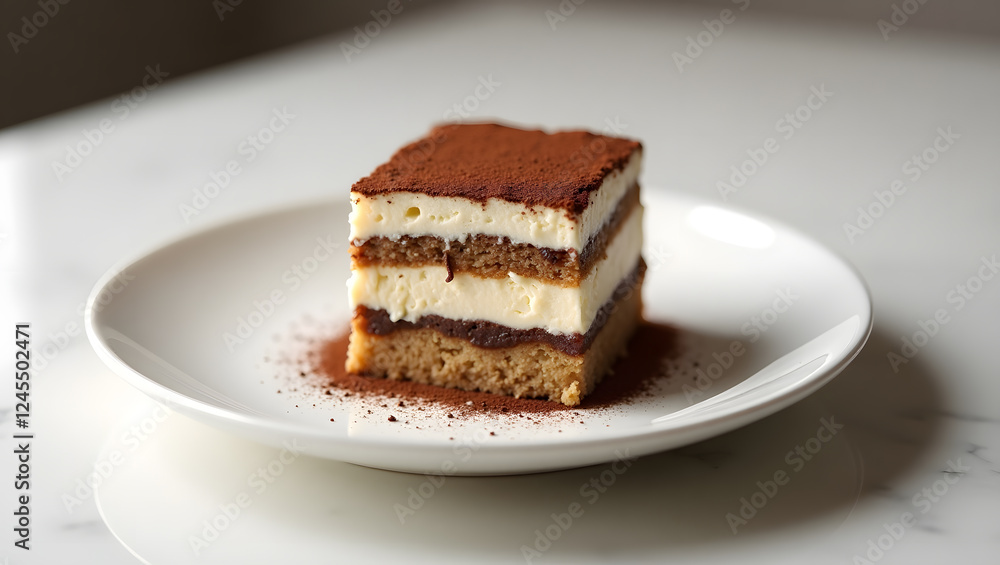 Slice of tiramisu cake on a white plate with cocoa powder. Perfect for food blogs, restaurant menus, dessert recipes, and promotional materials. Slice of tiramisu cake on a white plate with cocoa powder. Perfect for food blogs, restaurant menus, dessert recipes, and promotional materials.