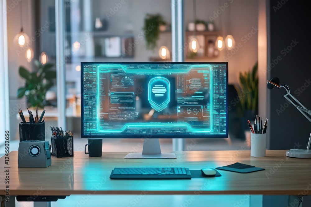 Peaceful desk setting featuring AI holograms that visualize cyber threats. Peaceful desk setting featuring AI holograms that visualize cyber threats.