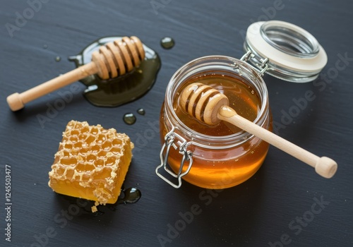 top view honey jar with food and honeyspoon photo