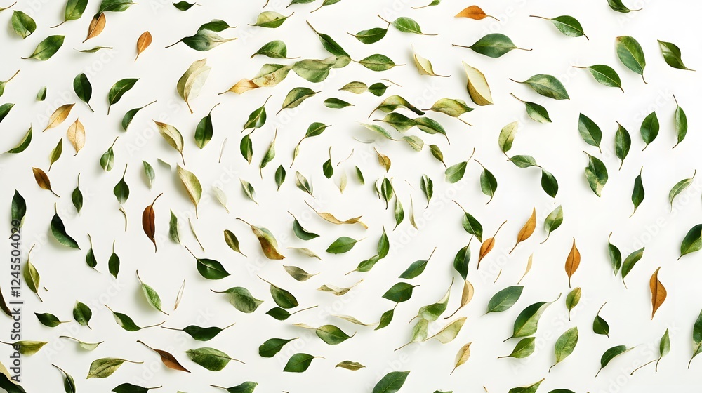 70. A swirling pattern of green and dry leaves creating a beautiful design on white 70. A swirling pattern of green and dry leaves creating a beautiful design on white