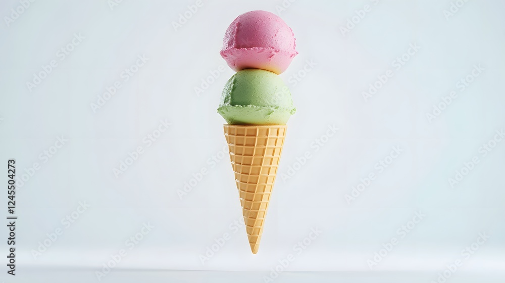 single waffle cone with three colorful scoops in pink, green, yellow, floating mid-air against pure white background, capturing the essence of fun, vibrant, and refreshing ice cream dessert.