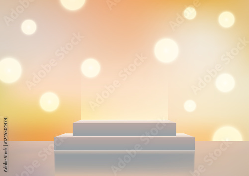 3D Two Tiered White Podium with Warm Yellow Bokeh Lights for Product Display and Mockup in Minimalist Style