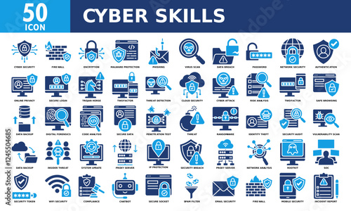 Cyber skills icon set collection. Simple color fill vector.
