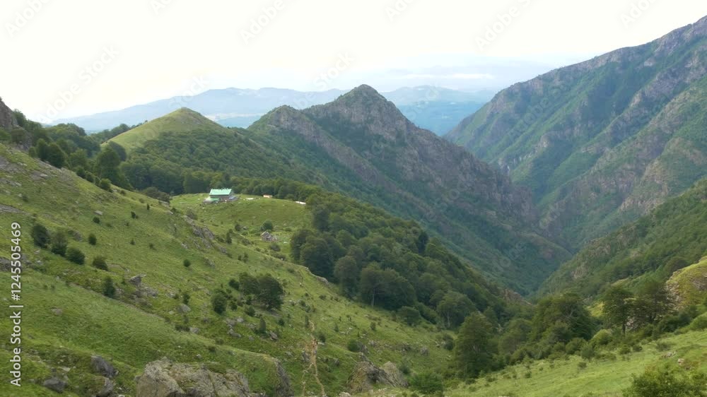 Rai Hut in the Stara Planina Mountain. As seen from Raisko Praskalo waterfall. Mountain Lodge. Paradise Chalet. Trail to the waterfall. Small chapel next to the hut. Mountain slopes. View from above. Rai Hut in the Stara Planina Mountain. As seen from Raisko Praskalo waterfall. Mountain Lodge. Paradise Chalet. Trail to the waterfall. Small chapel next to the hut. Mountain slopes. View from above.