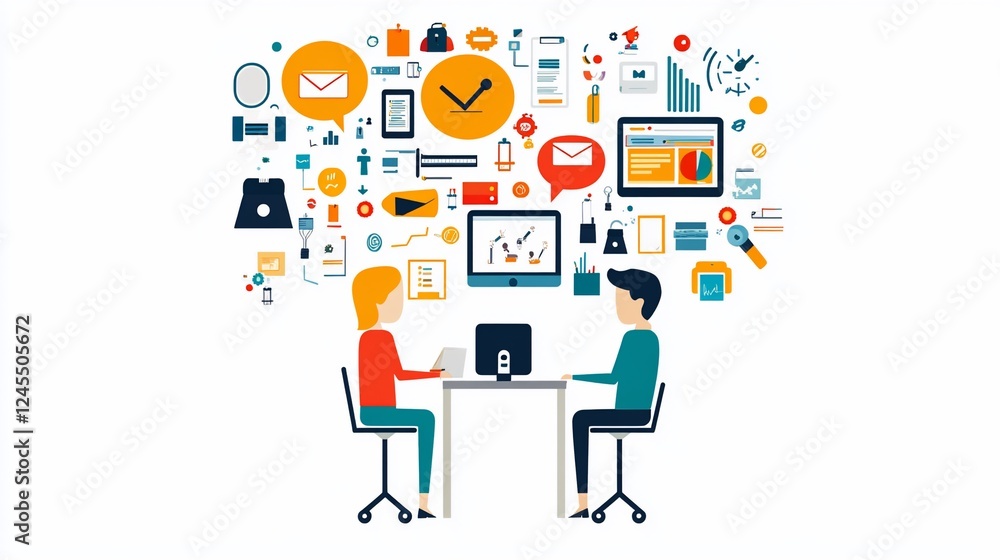 Two people are sitting at a table with various digital icons floating overhead depicting business themes Two people are sitting at a table with various digital icons floating overhead depicting business themes