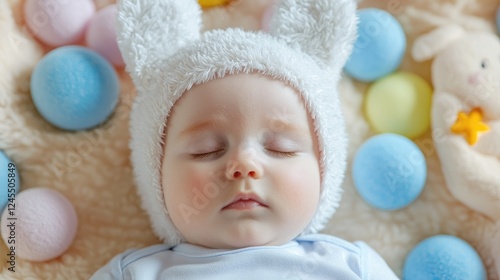 Baby sleeping Easter bunny hat pastel eggs photo