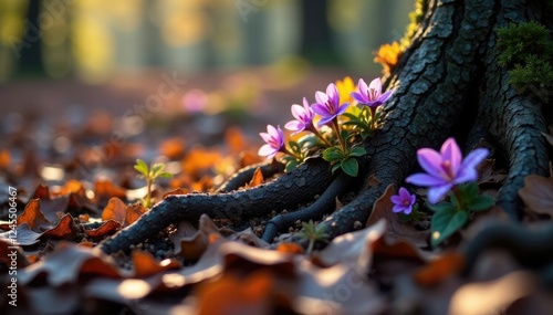 Tangled roots of purple flowers in dry leaves, flowers, fall photo