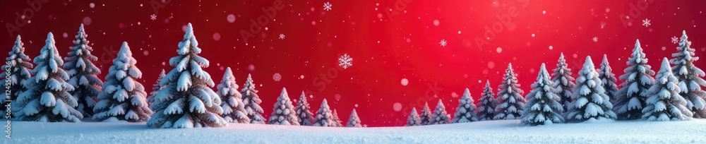 Snow-covered trees with snowflakes and frosty air against a warm red background, forest, festive, snow Snow-covered trees with snowflakes and frosty air against a warm red background, forest, festive, snow