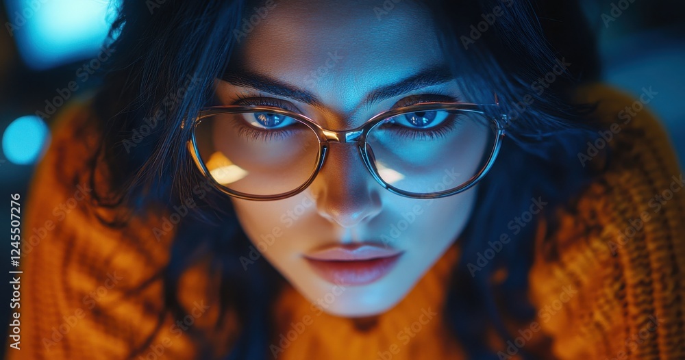 Fototapeta premium Close-up shot of a woman wearing glasses with a thoughtful expression, illuminated by cool blue tones, emphasizing her striking features and warm sweater texture.