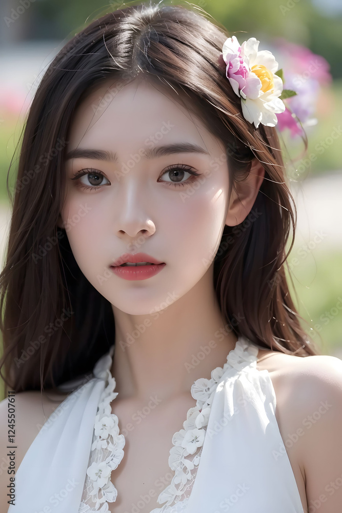 Naklejka premium Young Asian woman in a lace dress with flowers in her hair, in flower blossom garden, looking at the camera, soft lighting 